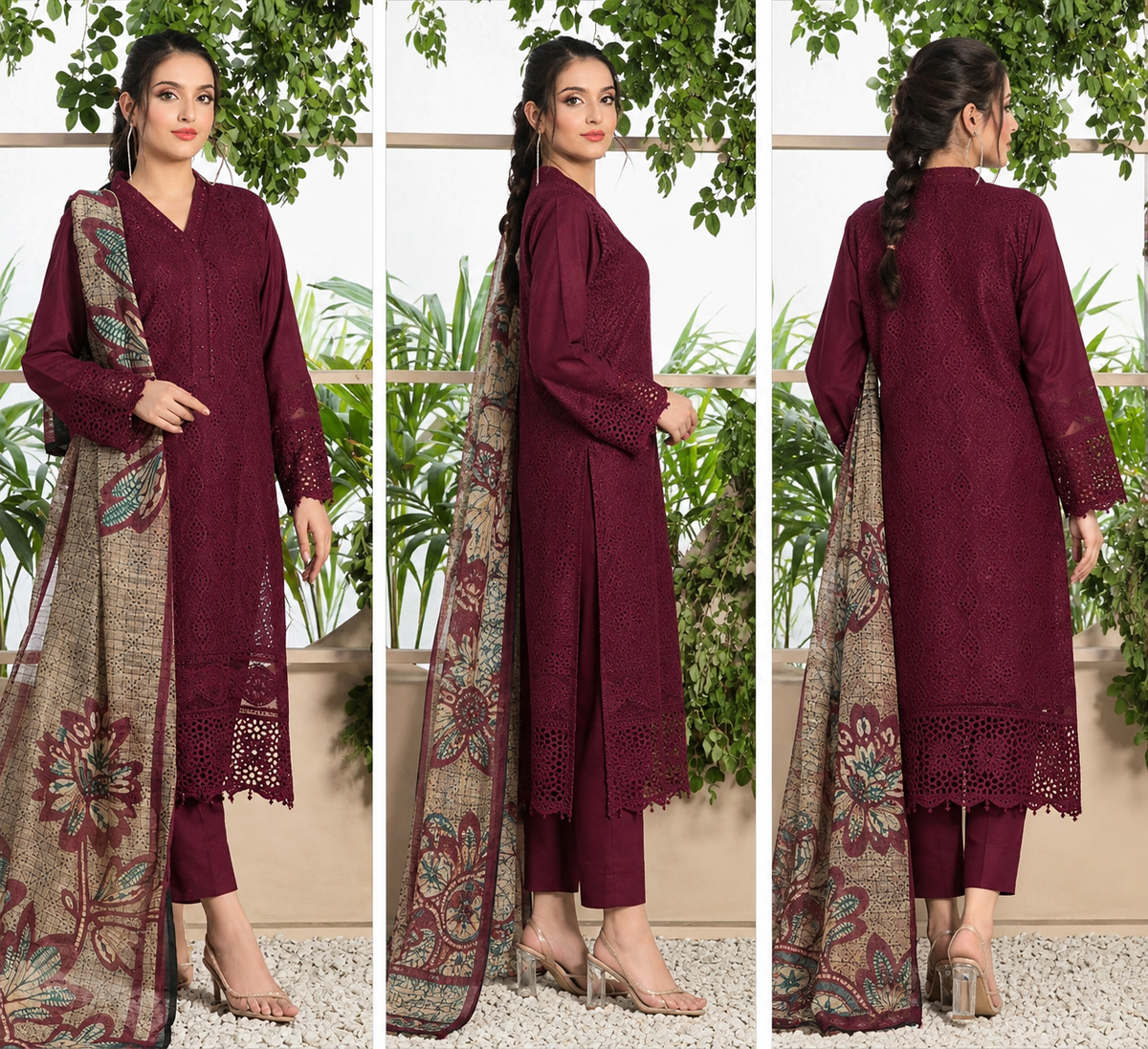 Deep Plum Dhanak 3-Piece Unstitched Suit