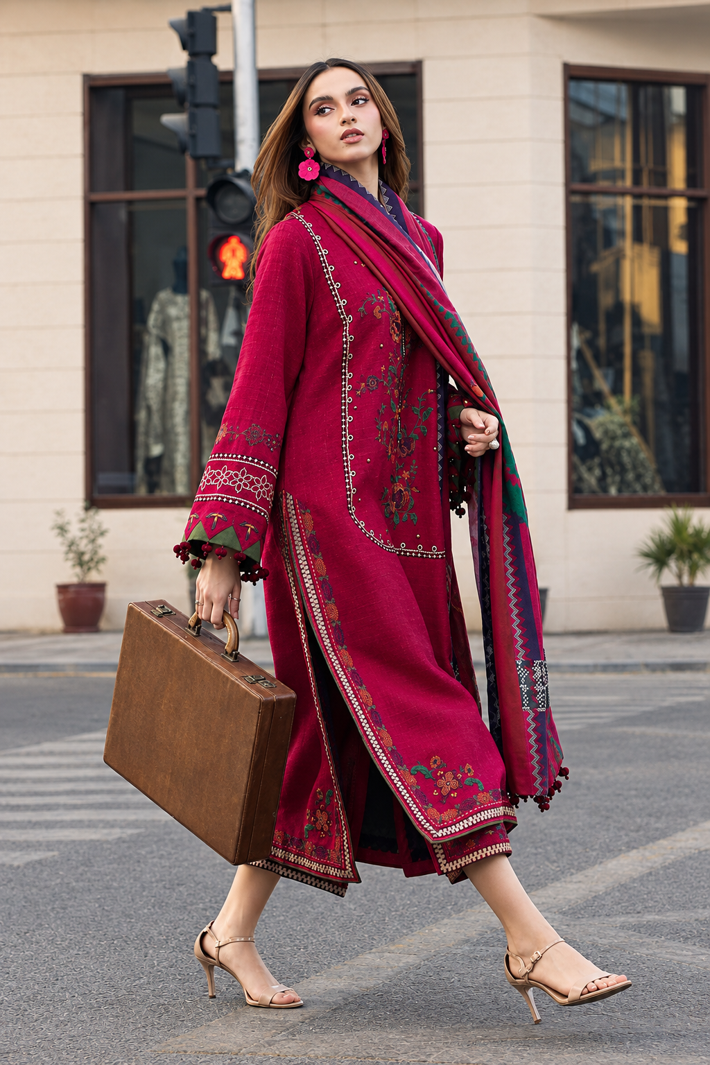 Embroidered Crimson Red Dhanak 3-Piece Unstitched Suit