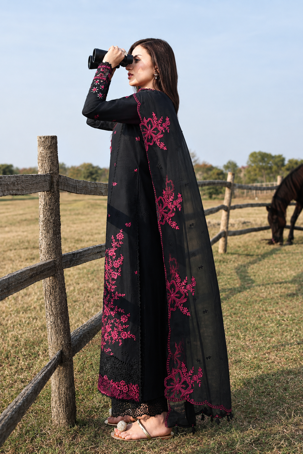 Jet Black & Magenta Dhanak 3-Piece Unstitched Suit