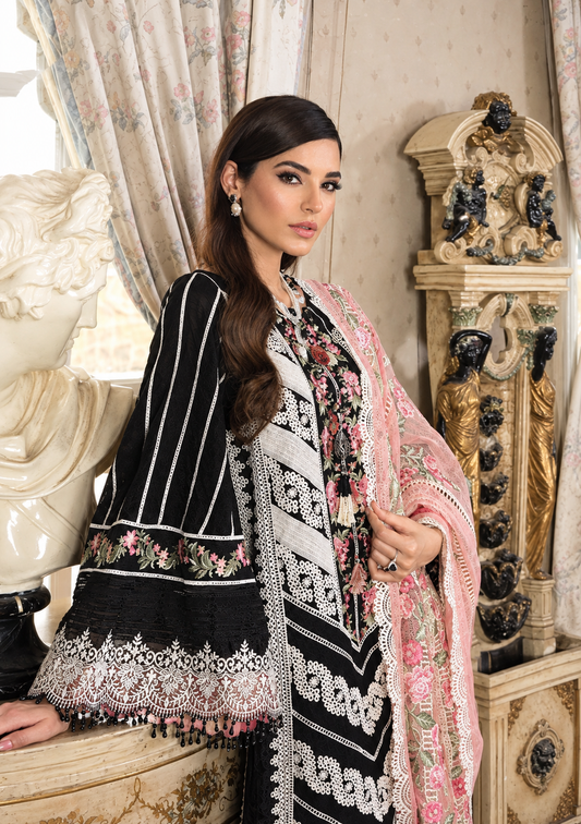 Black & Peach-Pink Dhanak 3-Piece Unstitched Suit