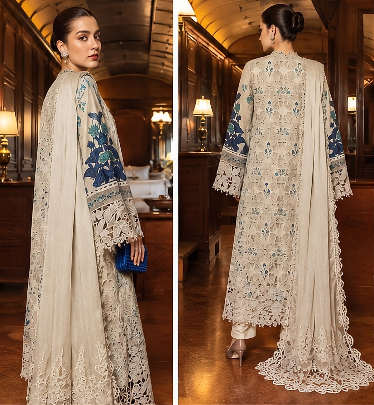 Heavy Embroidered Off-White & Royal Blue 3-Piece Dhanak Suit