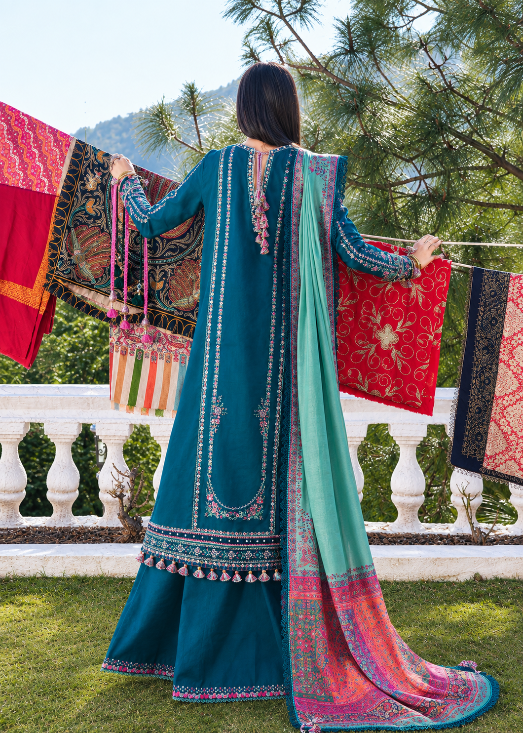 Deep Teal Blue Dhanak 3-Piece Unstitched Suit with Kashmiri Shawl