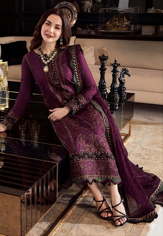 Deep Plum Dhanak 3-Piece Unstitched Suit