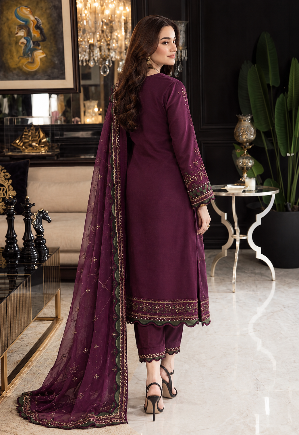 Deep Plum Dhanak 3-Piece Unstitched Suit