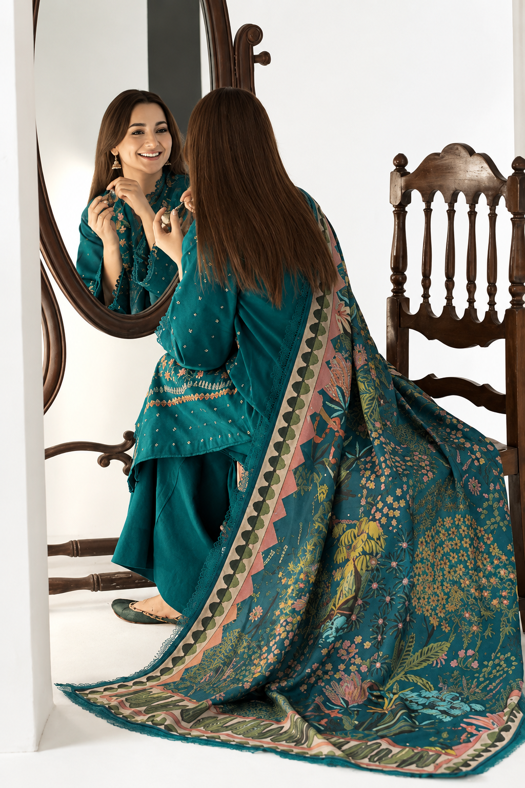 Deep Teal Dhanak 3-Piece Unstitched Suit