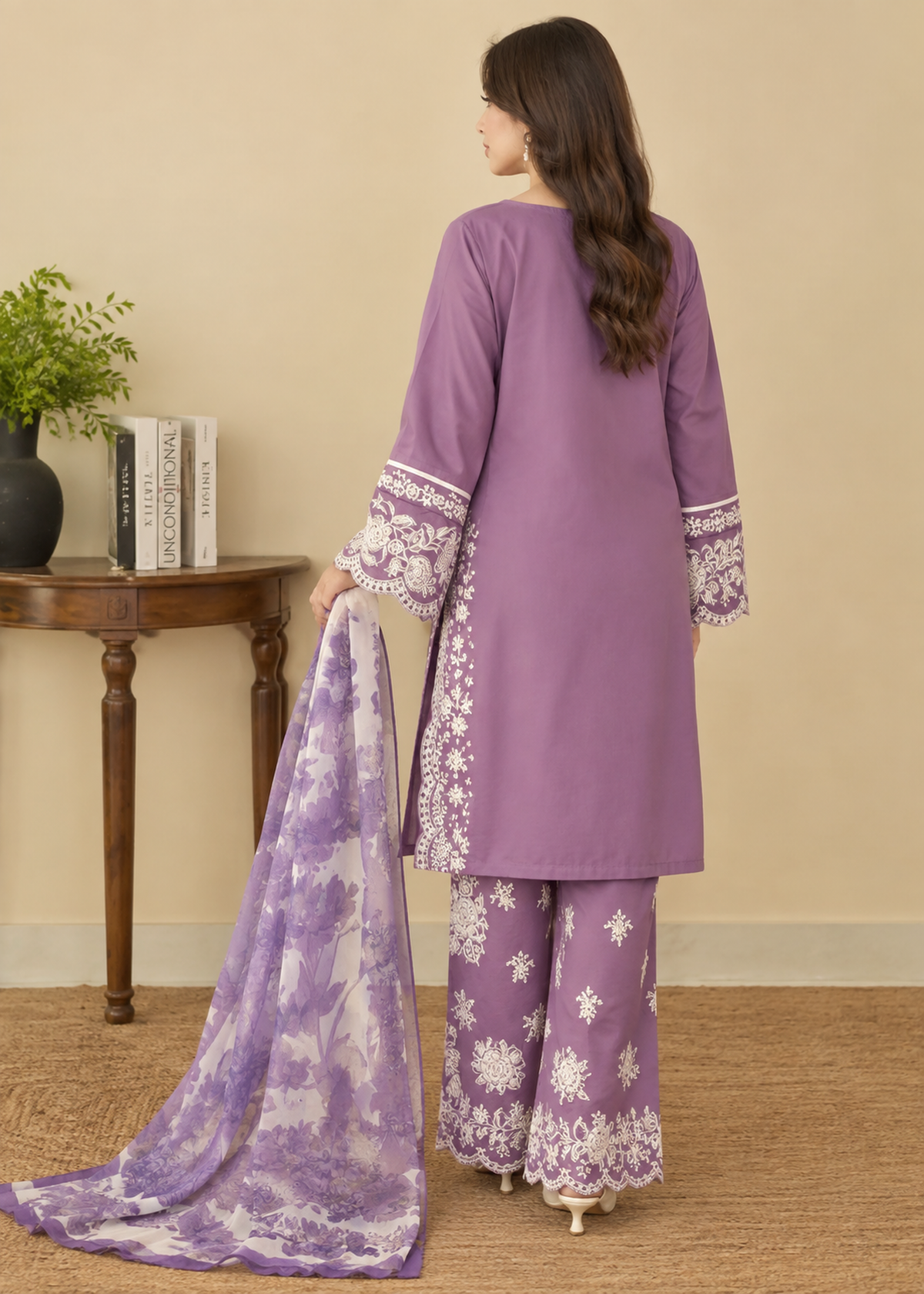 Embroidered Lilac Lavender Dhanak 3-Piece Unstitched Suit