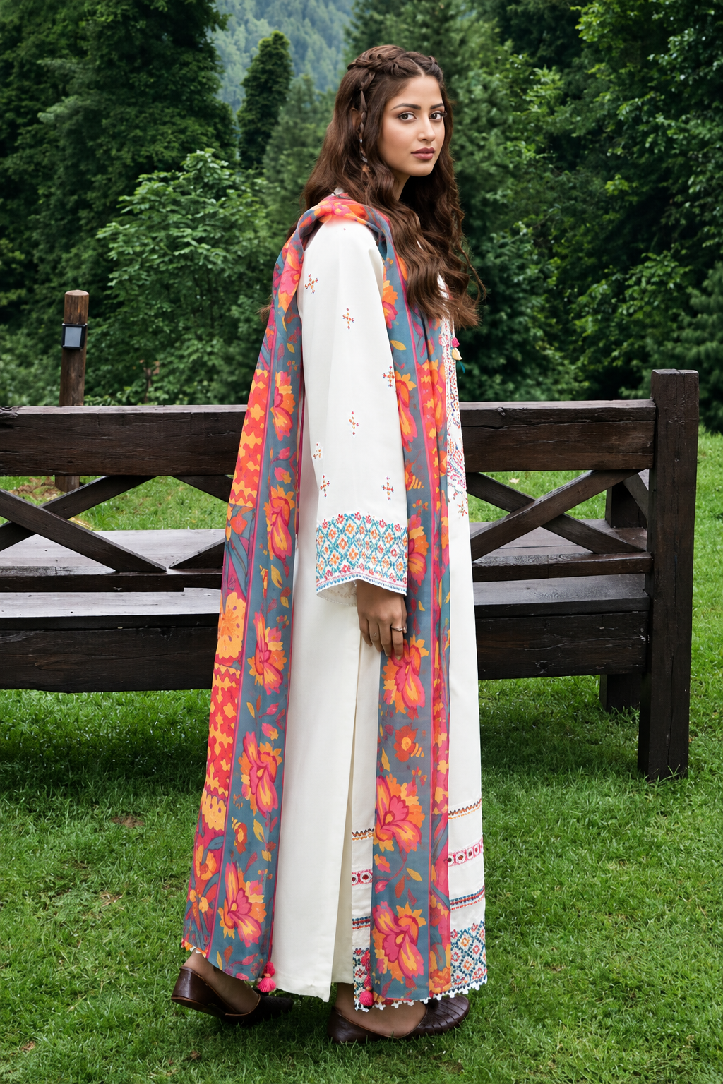 Embroidered Off-White 3-Piece Dhanak Suit