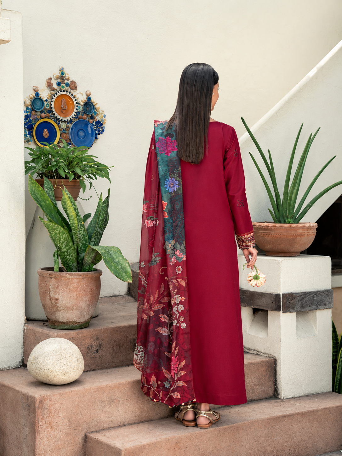 Deep Red Dhanak 3-Piece Unstitched Suit