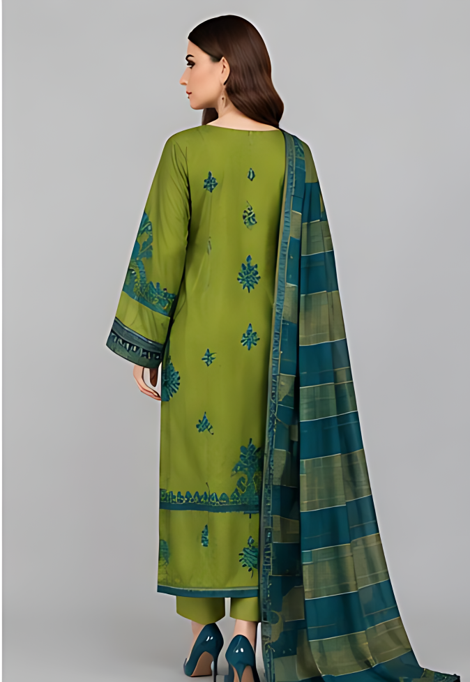 Embroidered Olive Green & Teal 3-Piece Unstitched Suit