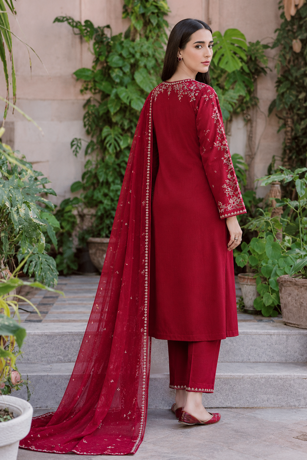 Crimson Red Dhanak 3-Piece Unstitched Suit