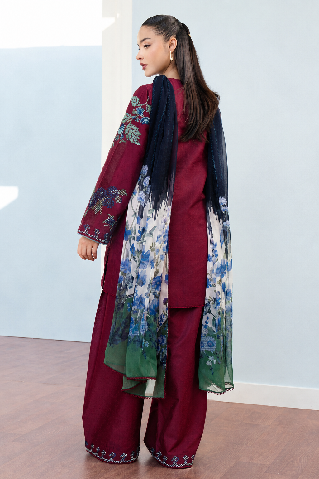 Deep Maroon Dhanak 3-Piece Unstitched Suit