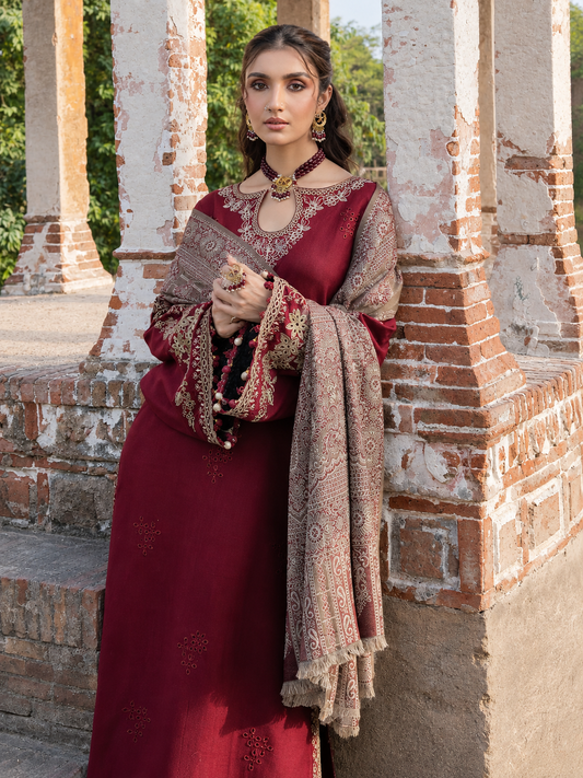 Deep Maroon Dhanak 3-Piece Unstitched Suit