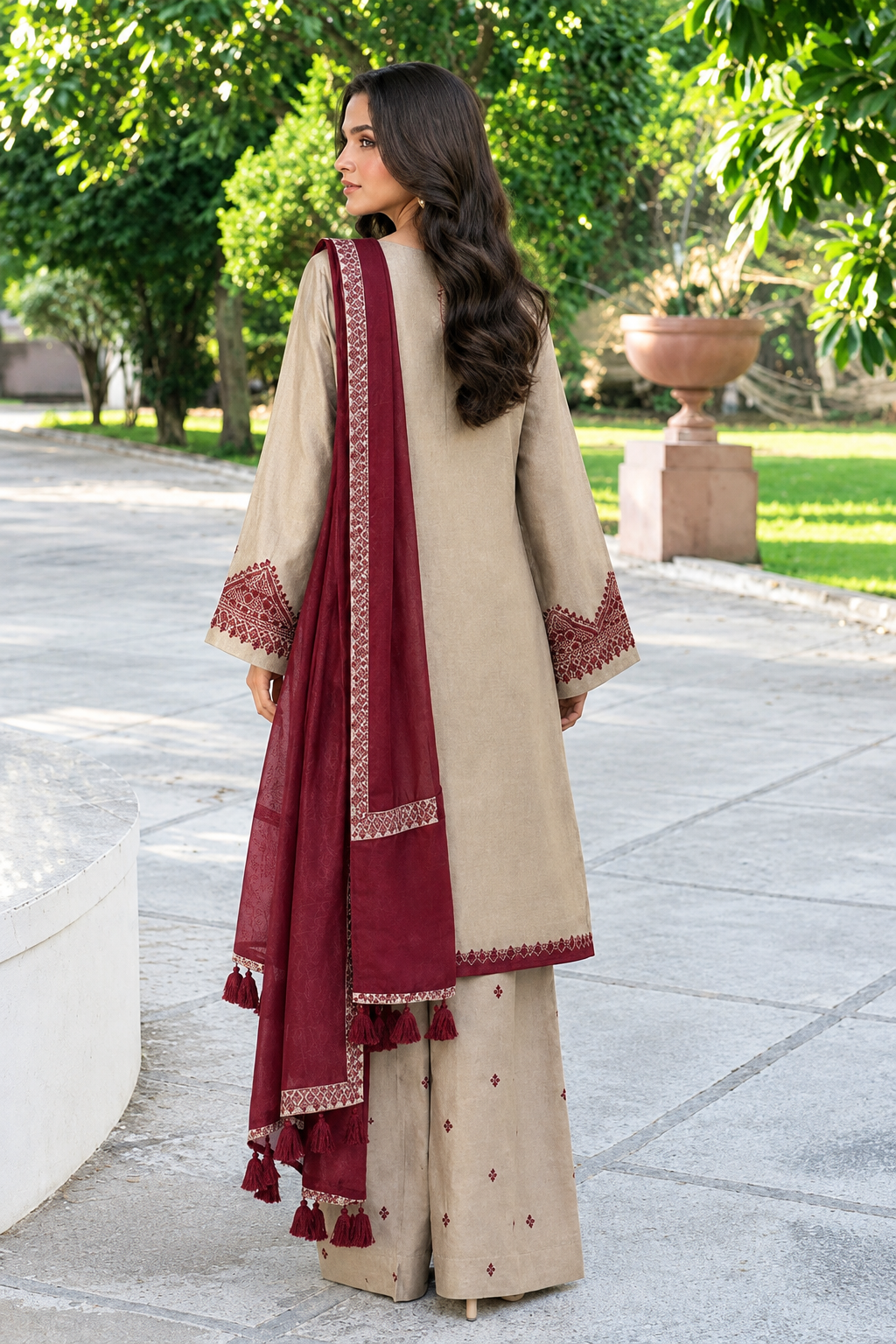Embroidered Beige & Maroon Dhanak 3-Piece Unstitched Suit