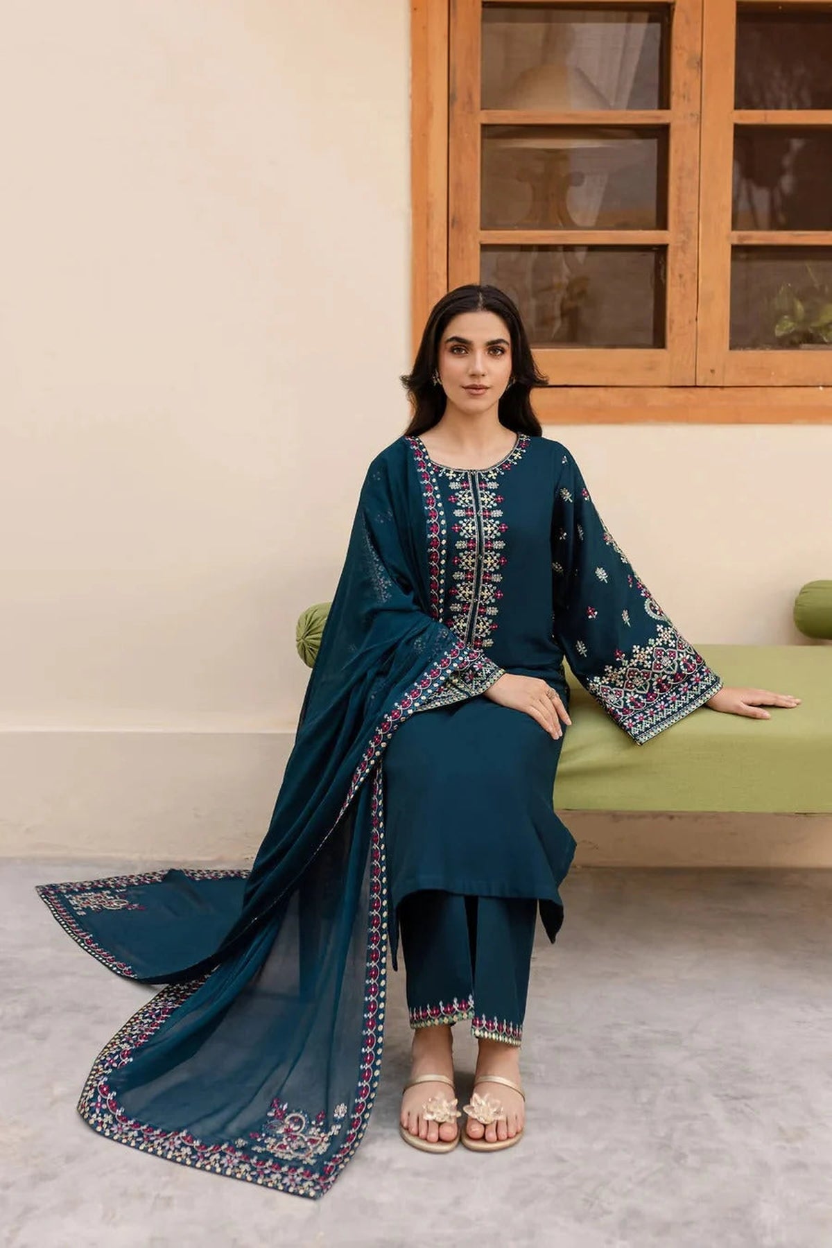 Embroidered Teal / Zinc Blue Dhanak 3-Piece Unstitched Suit