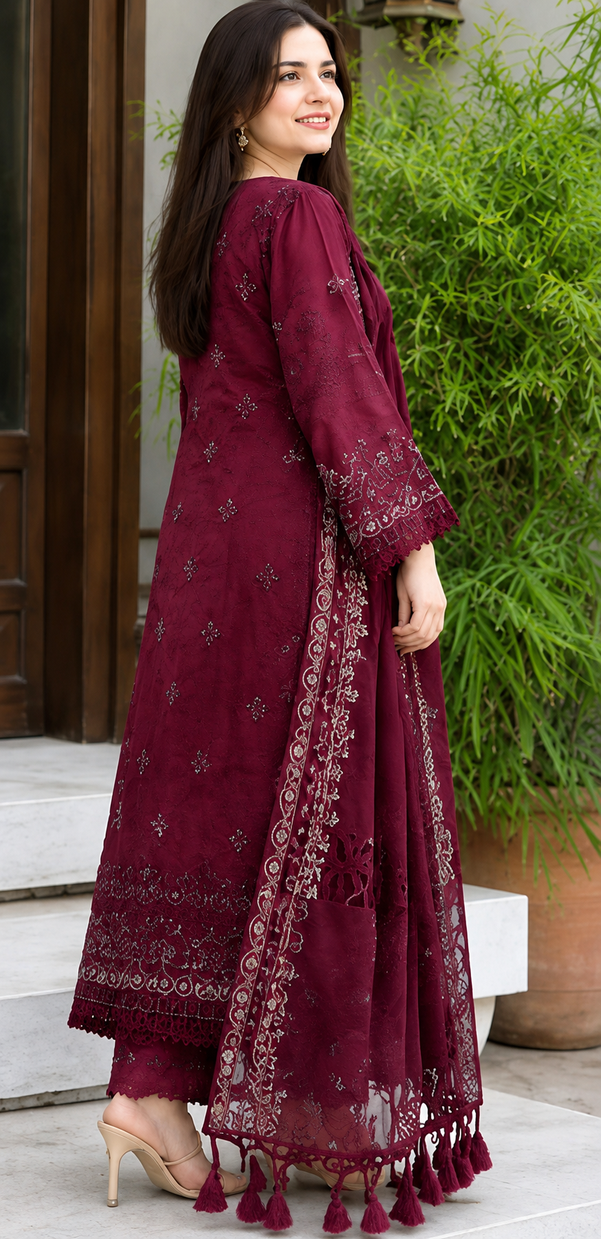Embroidered Deep Maroon Dhanak 3-Piece Unstitched Suit