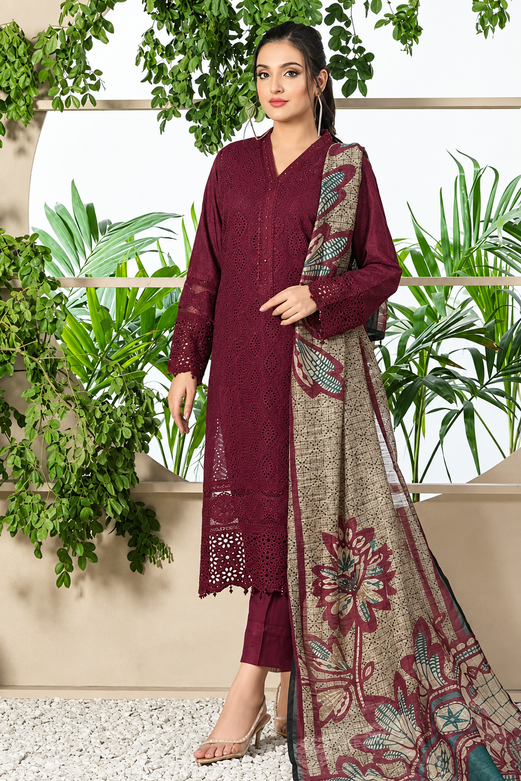 Deep Plum Dhanak 3-Piece Unstitched Suit