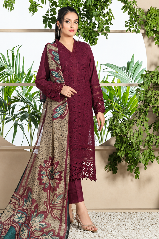 Deep Plum Dhanak 3-Piece Unstitched Suit