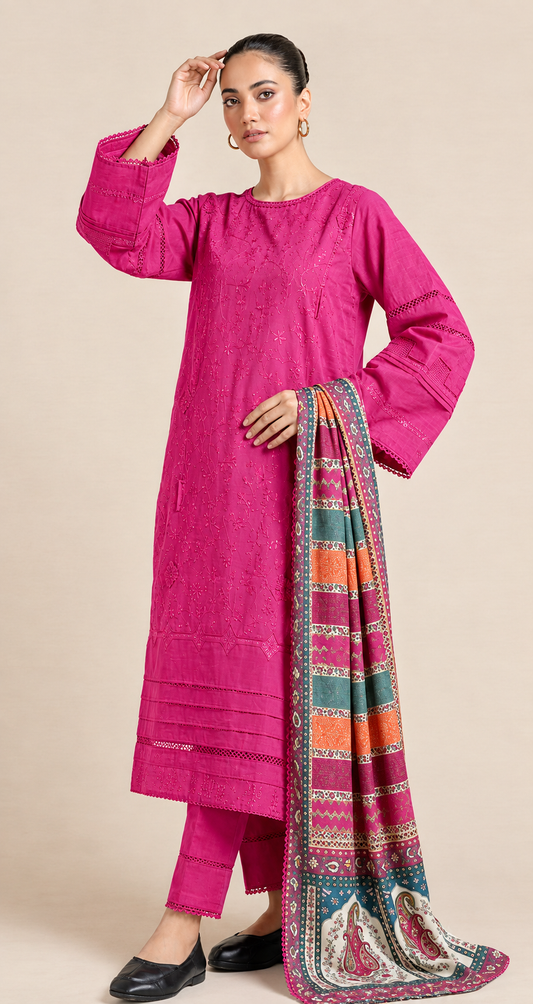 Embroidered Magenta Dhanak 3-Piece Unstitched Suit