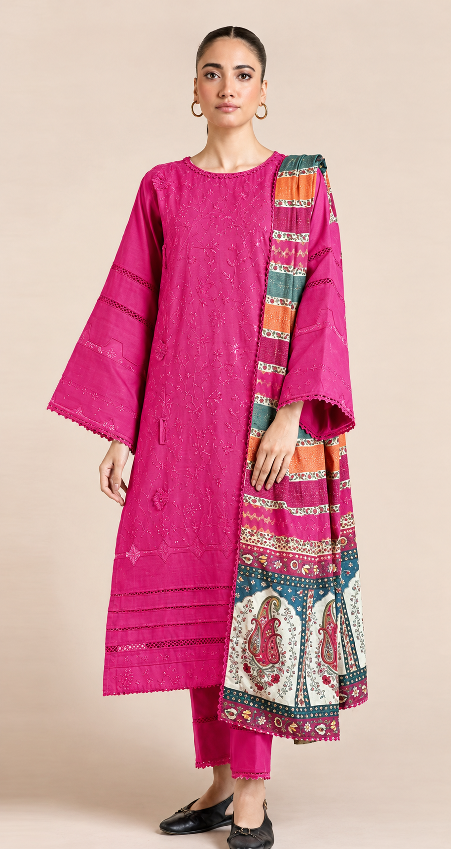Embroidered Magenta Dhanak 3-Piece Unstitched Suit