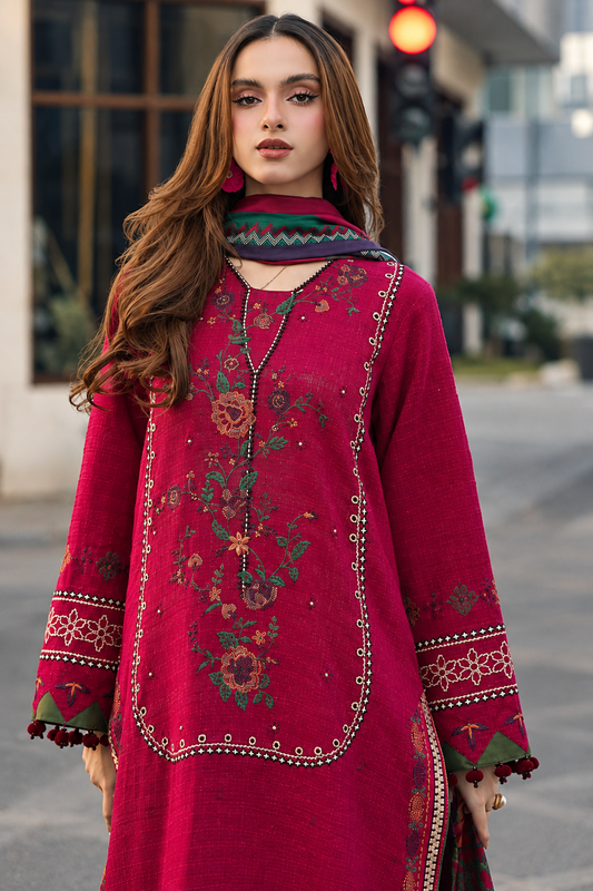 Embroidered Crimson Red Dhanak 3-Piece Unstitched Suit