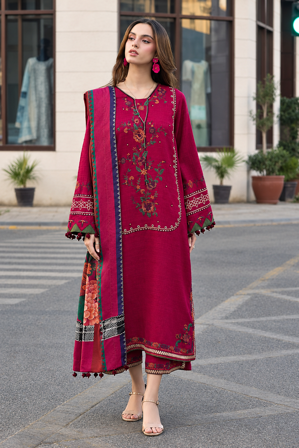 Embroidered Crimson Red Dhanak 3-Piece Unstitched Suit