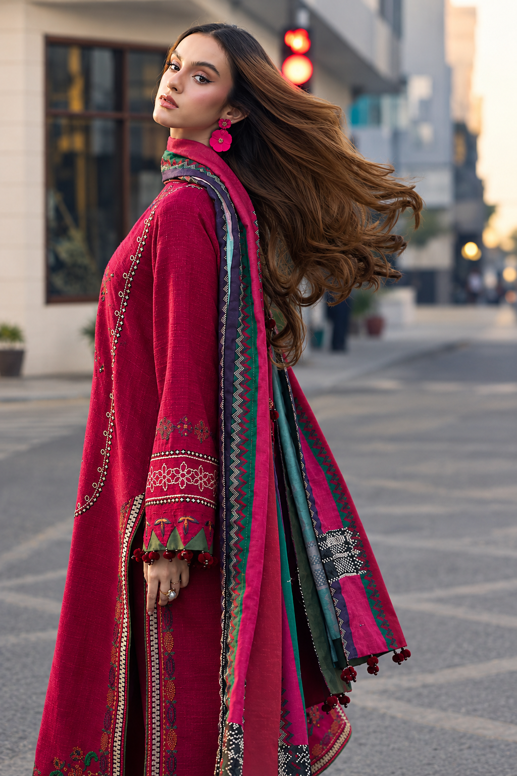 Embroidered Crimson Red Dhanak 3-Piece Unstitched Suit