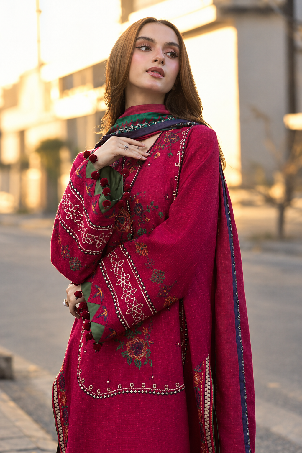 Embroidered Crimson Red Dhanak 3-Piece Unstitched Suit