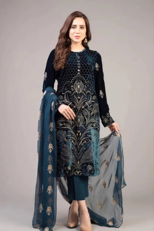 Embroidered Teal / Deep Zinc 3-Piece Dhanak Suit