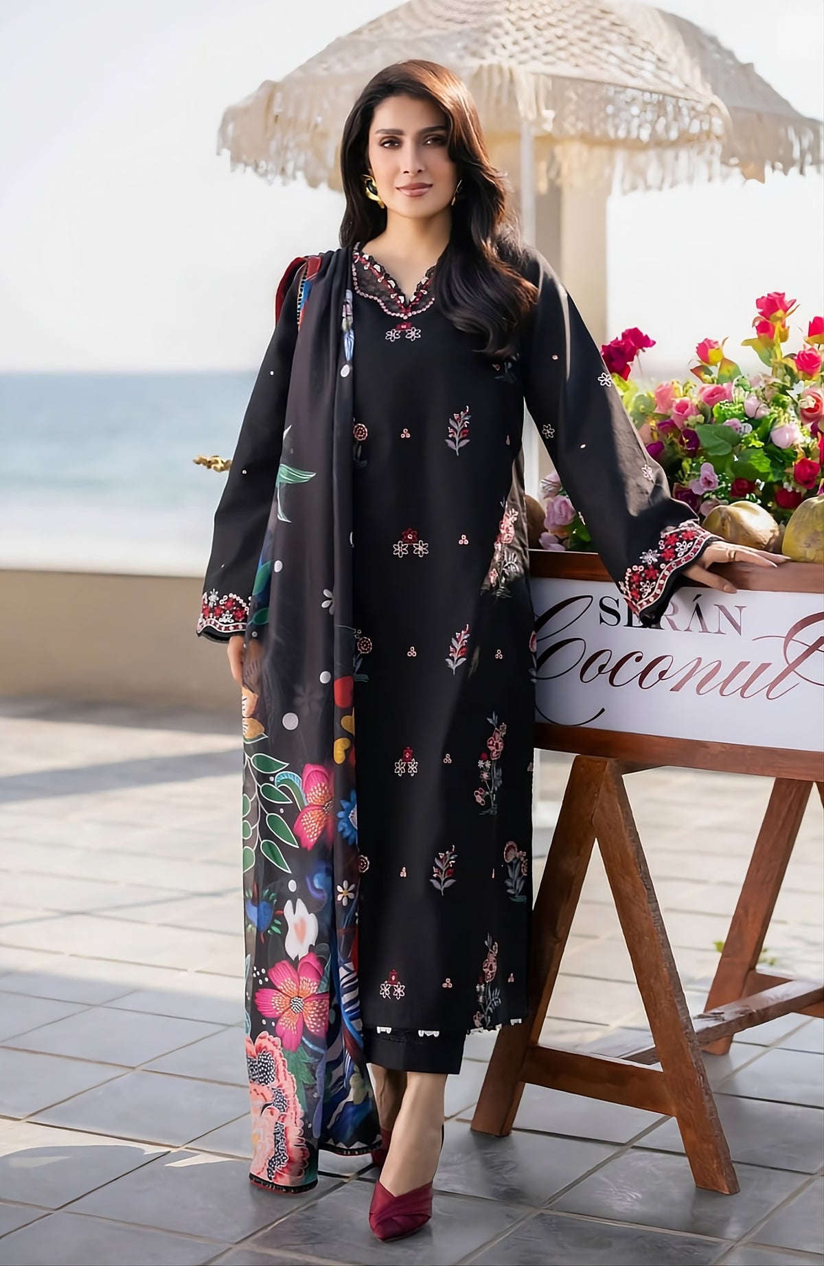 Jet Black Dhanak 3-Piece Unstitched Suit with Printed Dupatta