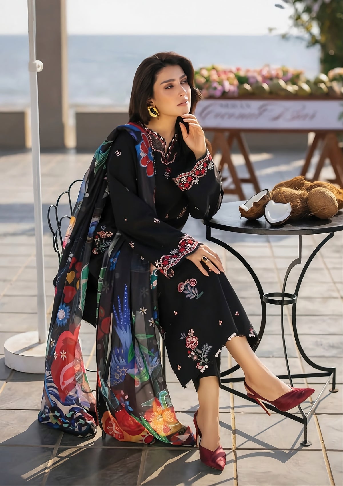 Jet Black Dhanak 3-Piece Unstitched Suit with Printed Dupatta