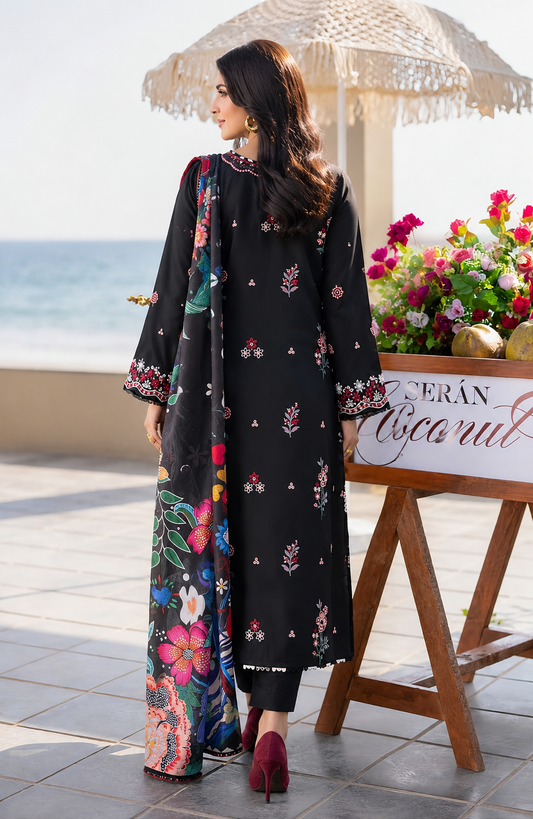 Jet Black Dhanak 3-Piece Unstitched Suit with Printed Dupatta