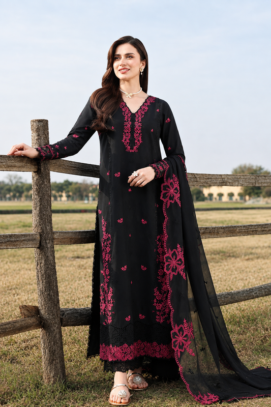Jet Black & Magenta Dhanak 3-Piece Unstitched Suit