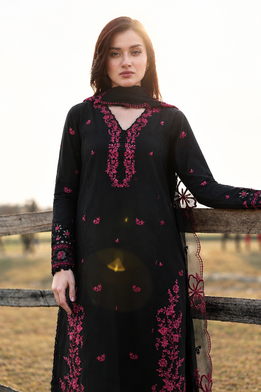 Jet Black & Magenta Dhanak 3-Piece Unstitched Suit