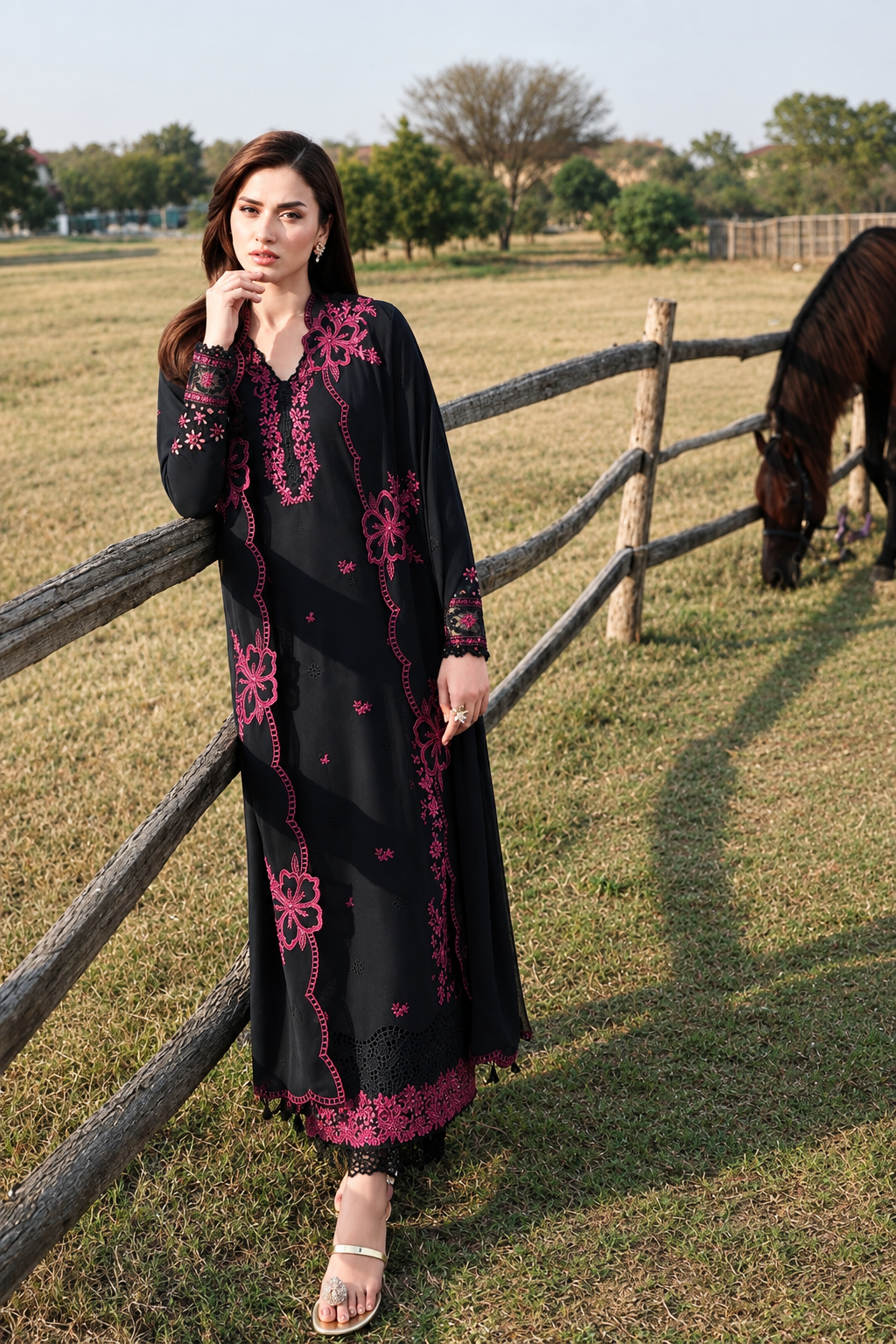 Jet Black & Magenta Dhanak 3-Piece Unstitched Suit