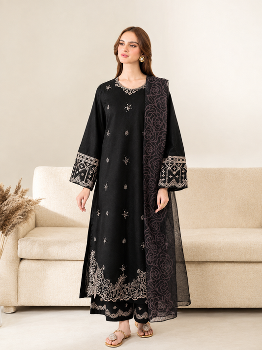 Embroidered Jet Black Dhanak 3-Piece Unstitched Suit