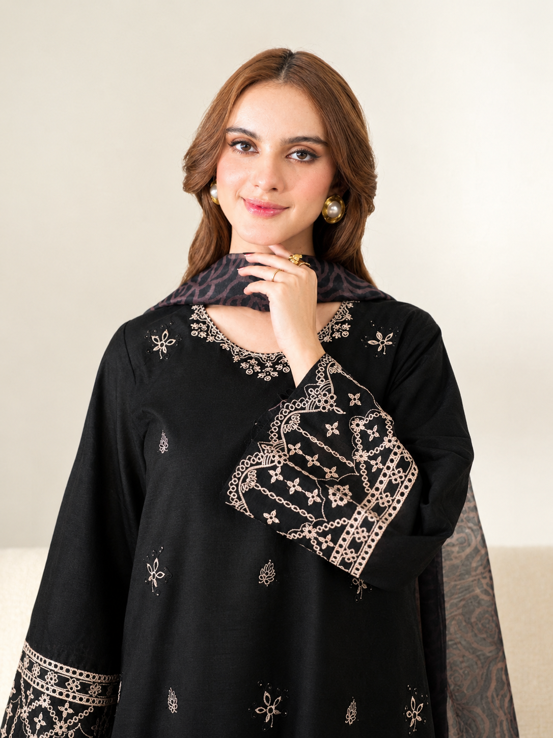 Embroidered Jet Black Dhanak 3-Piece Unstitched Suit