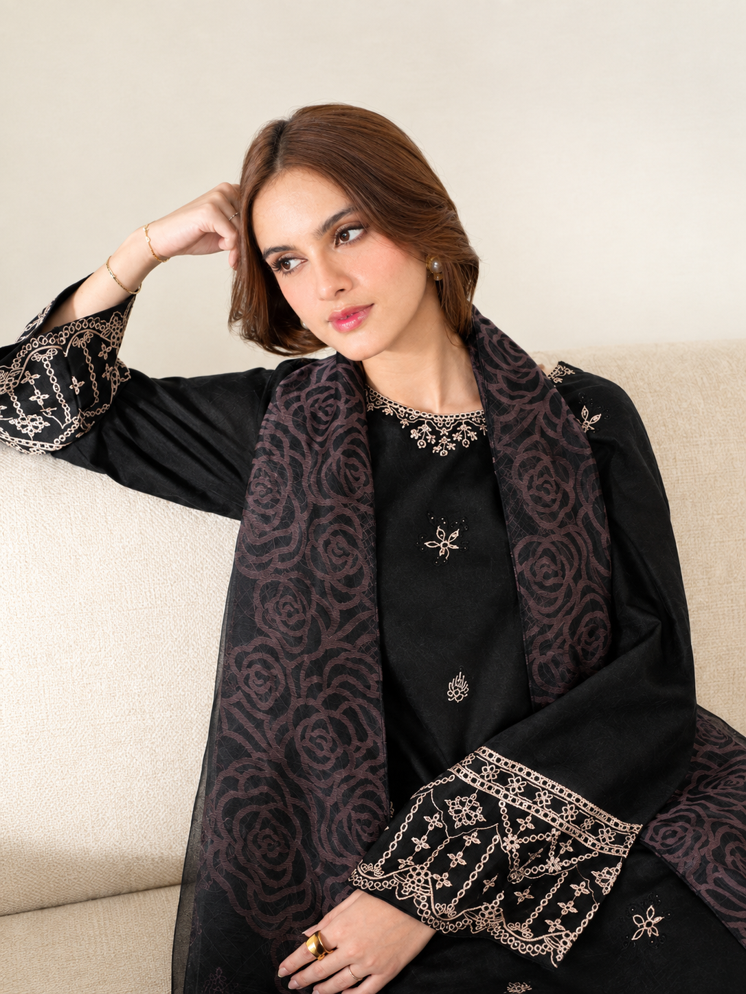 Embroidered Jet Black Dhanak 3-Piece Unstitched Suit