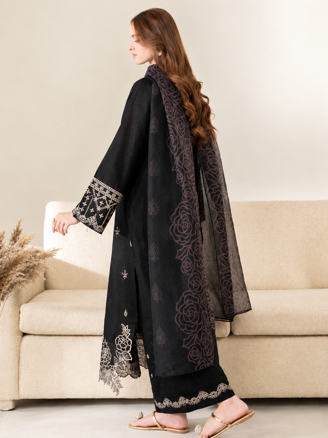 Embroidered Jet Black Dhanak 3-Piece Unstitched Suit