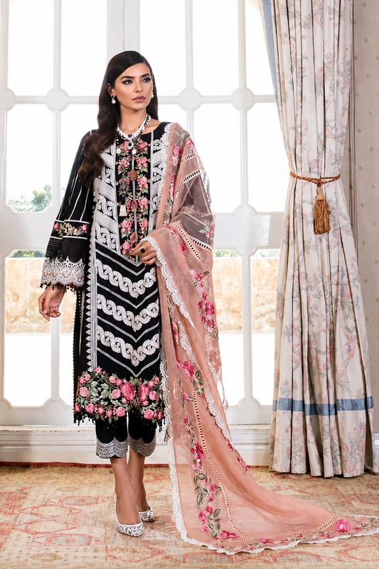 Black & Peach-Pink Dhanak 3-Piece Unstitched Suit
