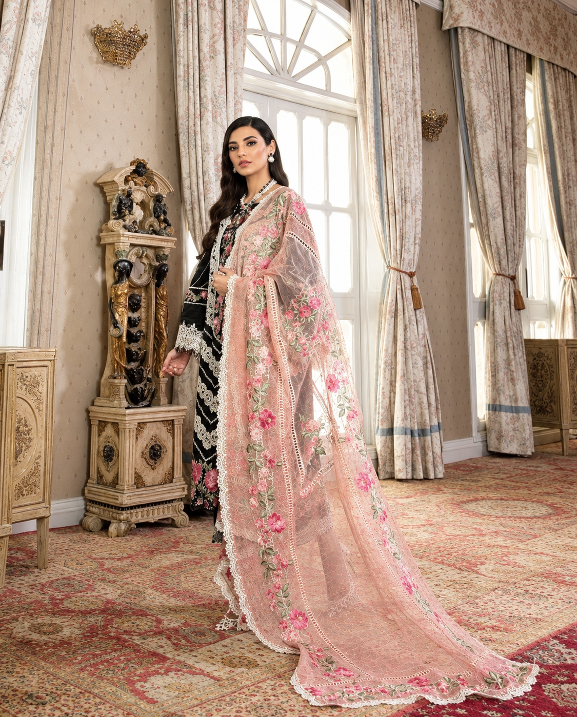 Black & Peach-Pink Dhanak 3-Piece Unstitched Suit
