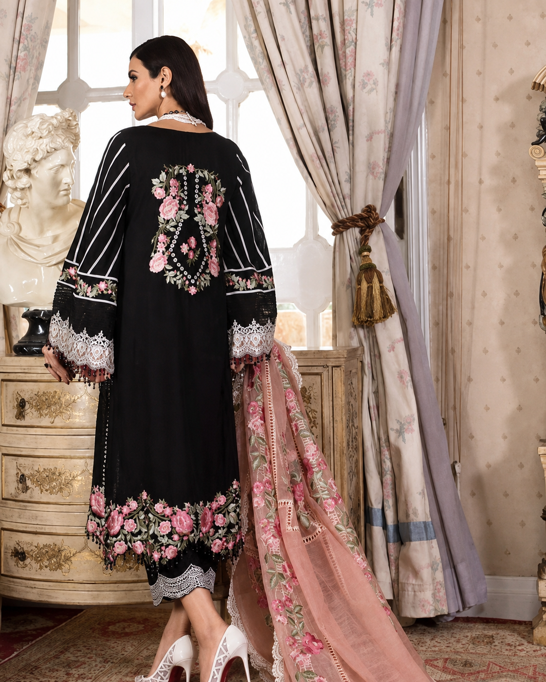 Black & Peach-Pink Dhanak 3-Piece Unstitched Suit