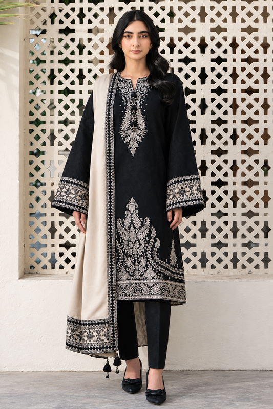 Jet Black Dhanak 3-Piece Unstitched Suit with Beige Shawl