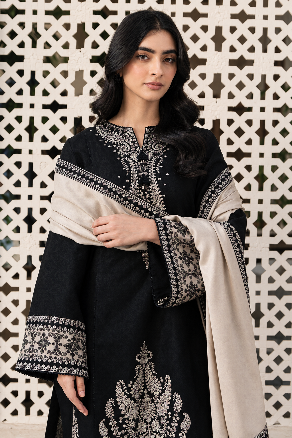 Jet Black Dhanak 3-Piece Unstitched Suit with Beige Shawl