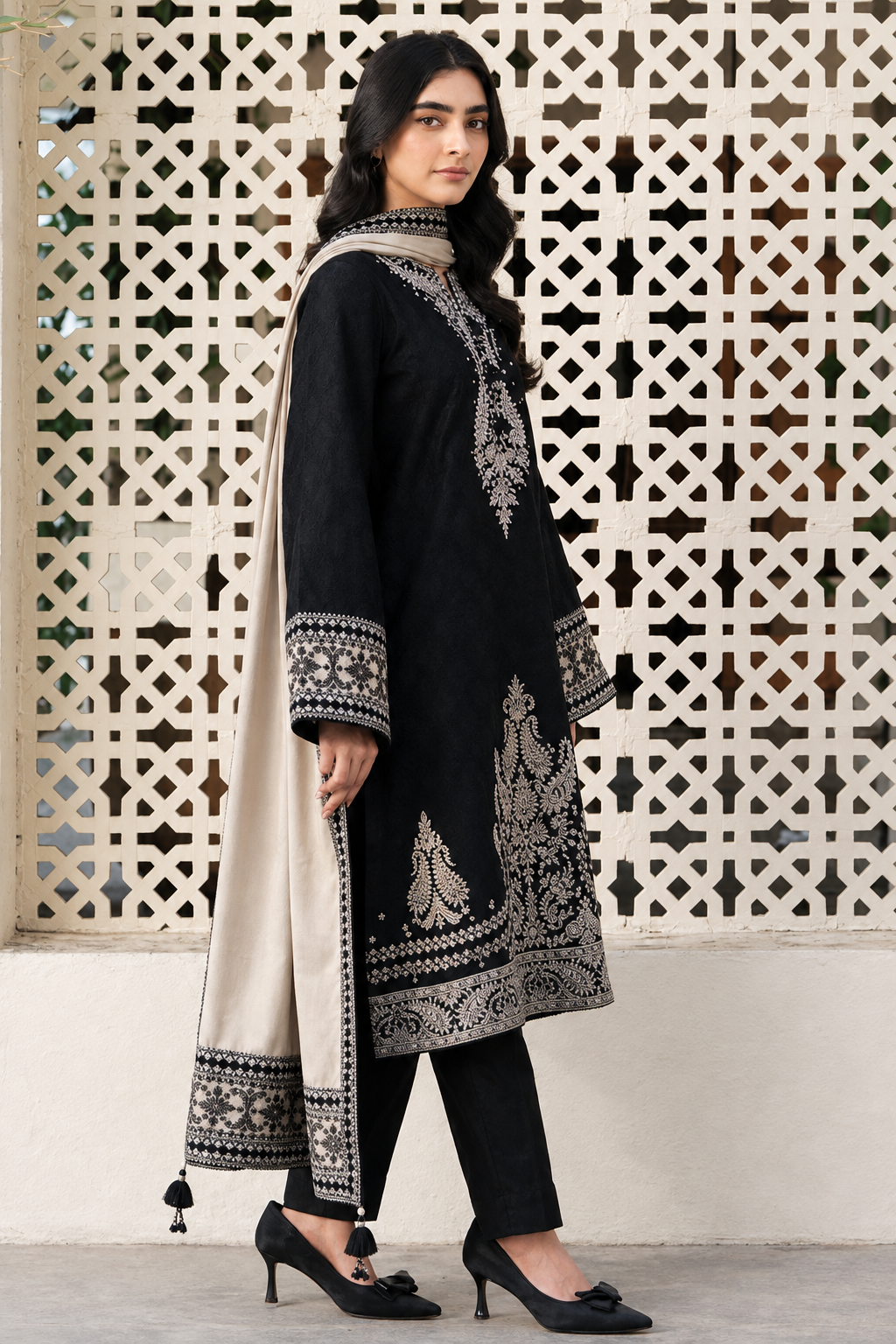Jet Black Dhanak 3-Piece Unstitched Suit with Beige Shawl