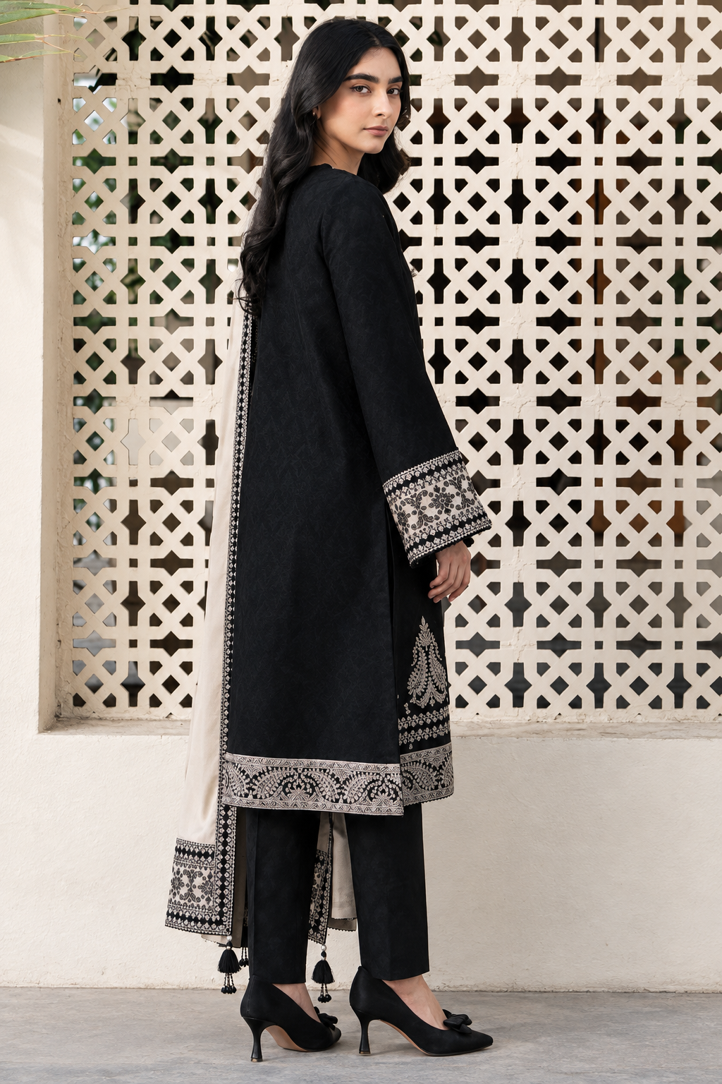 Jet Black Dhanak 3-Piece Unstitched Suit with Beige Shawl