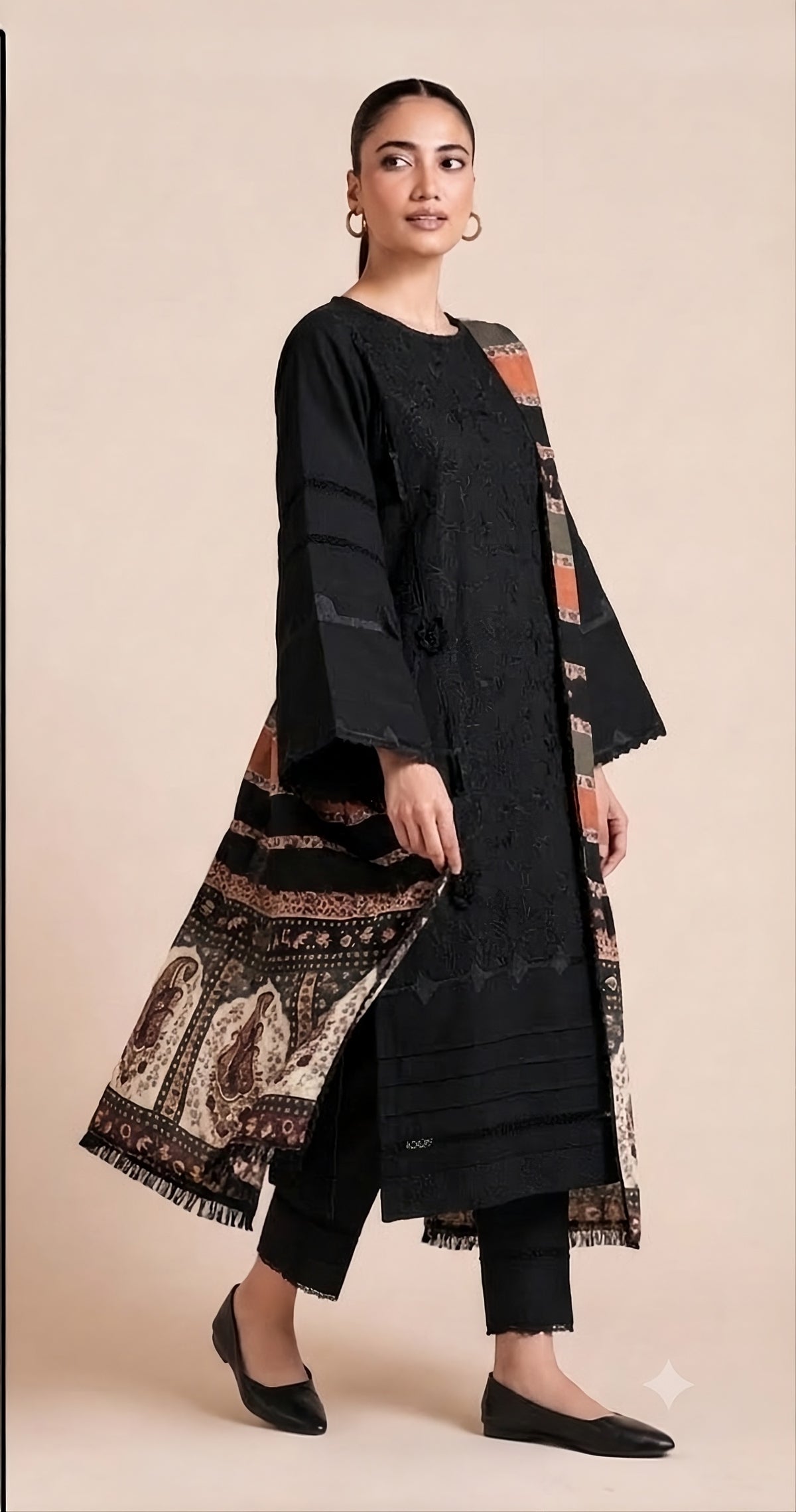 Embroidered Dhanak Jet Black 3-Piece unstitched Suit
