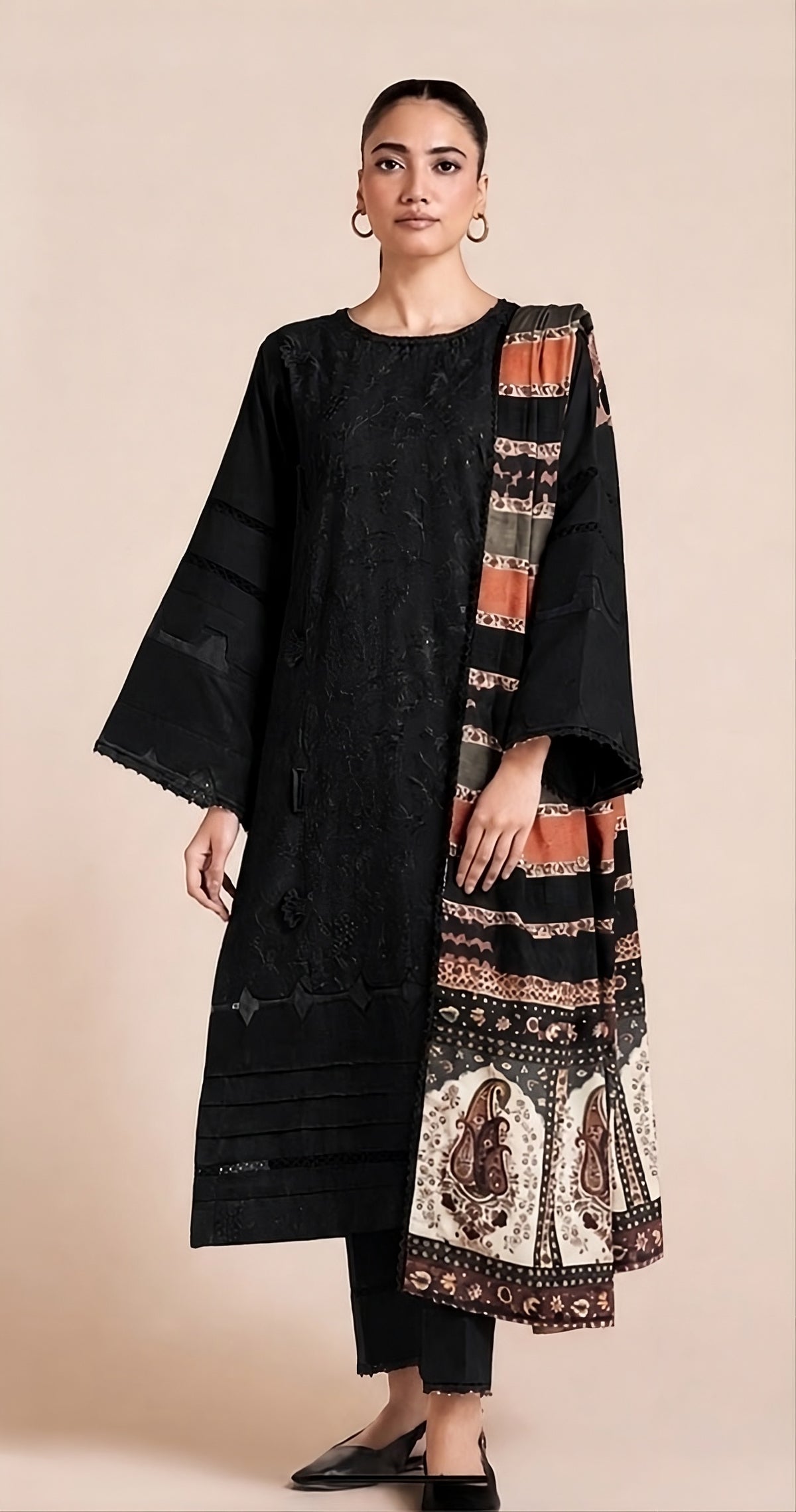 Embroidered Dhanak Jet Black 3-Piece unstitched Suit
