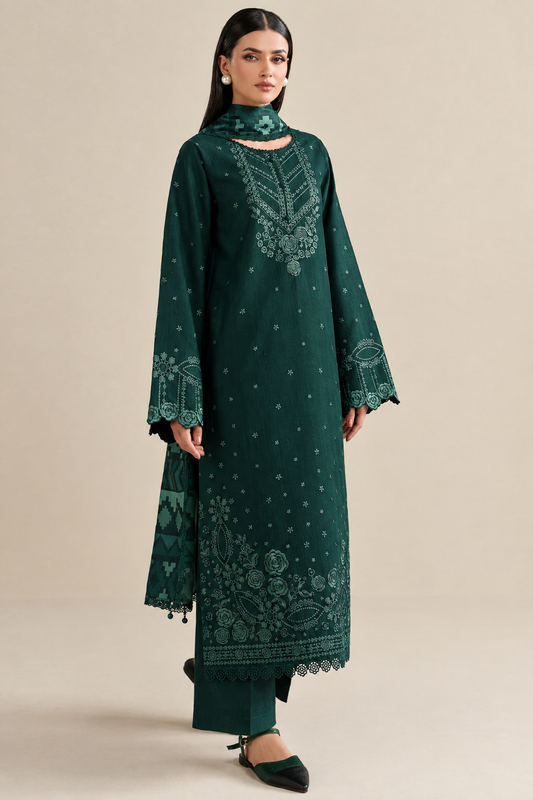 Deep Emerald Green Dhanak 3-Piece Unstitched Suit