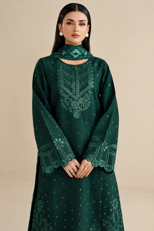 Deep Emerald Green Dhanak 3-Piece Unstitched Suit