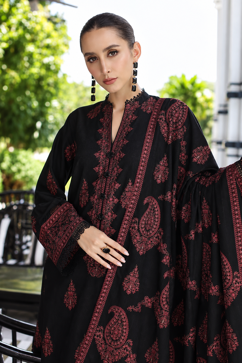 Embroidered Jet Black & Rust Dhanak 3-Piece Unstitched Suit